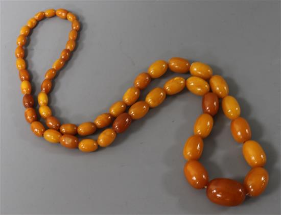 A single strand graduated amber bead necklace, gross weight 34 grams, 60cm.